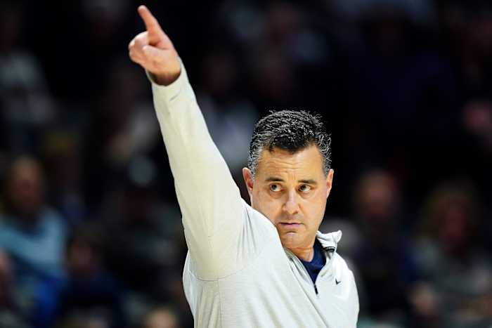Xavier Musketeers head coach Sean Miller instructs Musketeers forward Abou Ousmane to go to the locker room after fouling out in the second half of a college basketball game against the St. John's Red Storm on Jan. 31, 2024, at Cintas Center in Cincinnati. The Xavier Musketeers won, 88-77.
